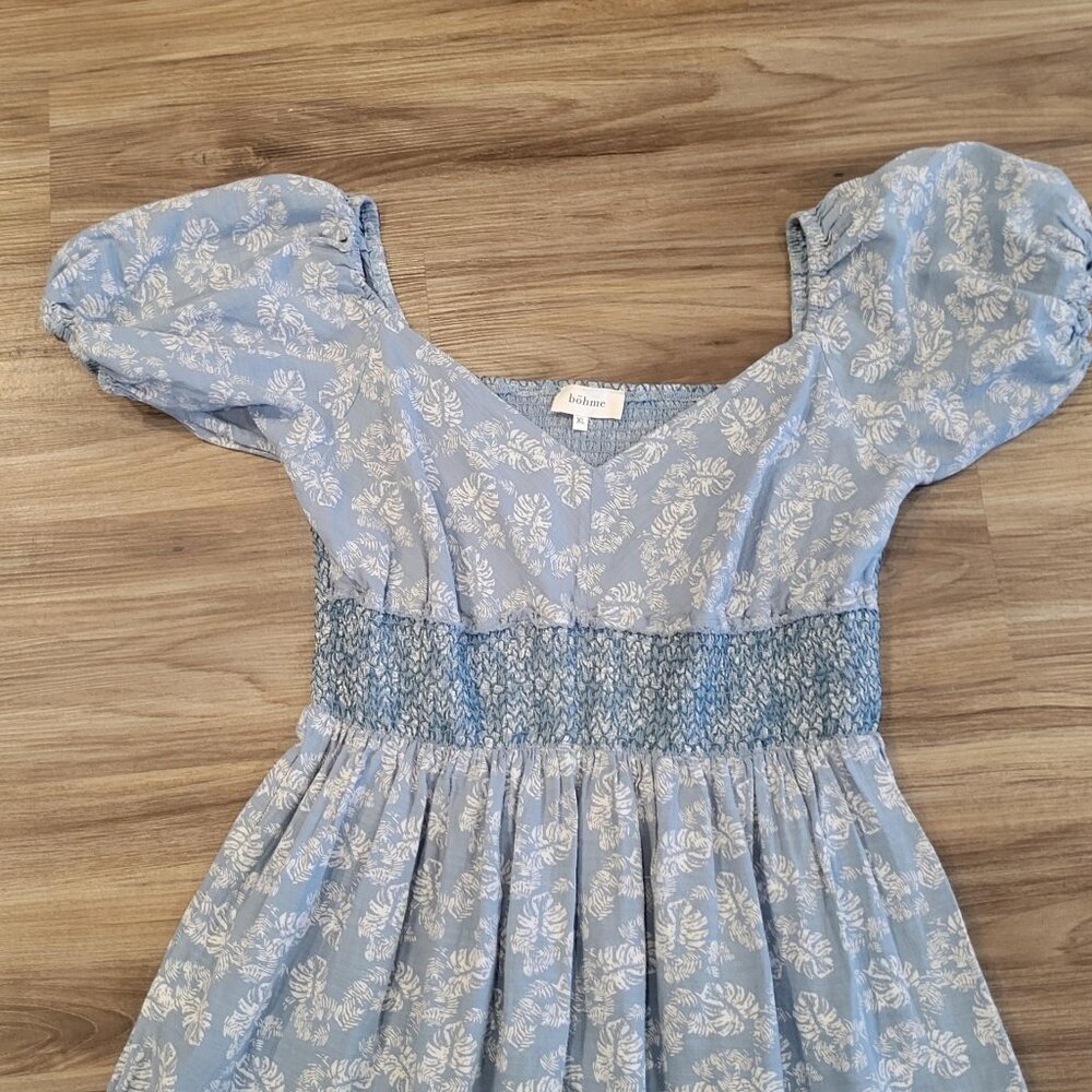 Bohme Dress Women XL Lt Blue Floral Midi Maxi Smocked Puff Sleeve Bohemian Ferns - Picture 2 of 7